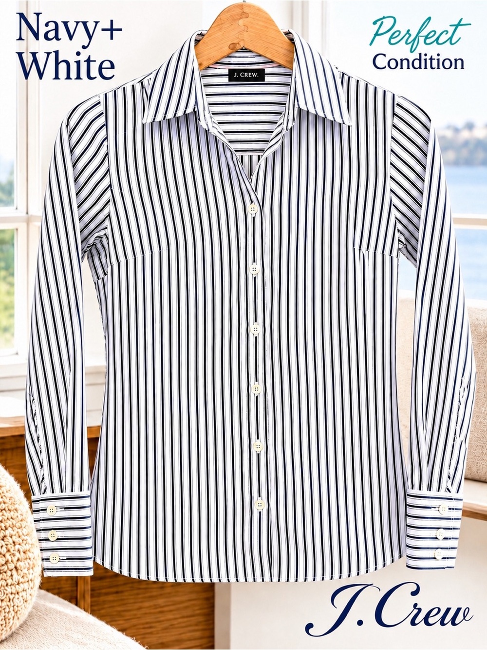 Like New 🌸 J Crew Navy and White Striped Button-Down Shirt Slim Fit, Kathryn Cut - Picture 9 of 16